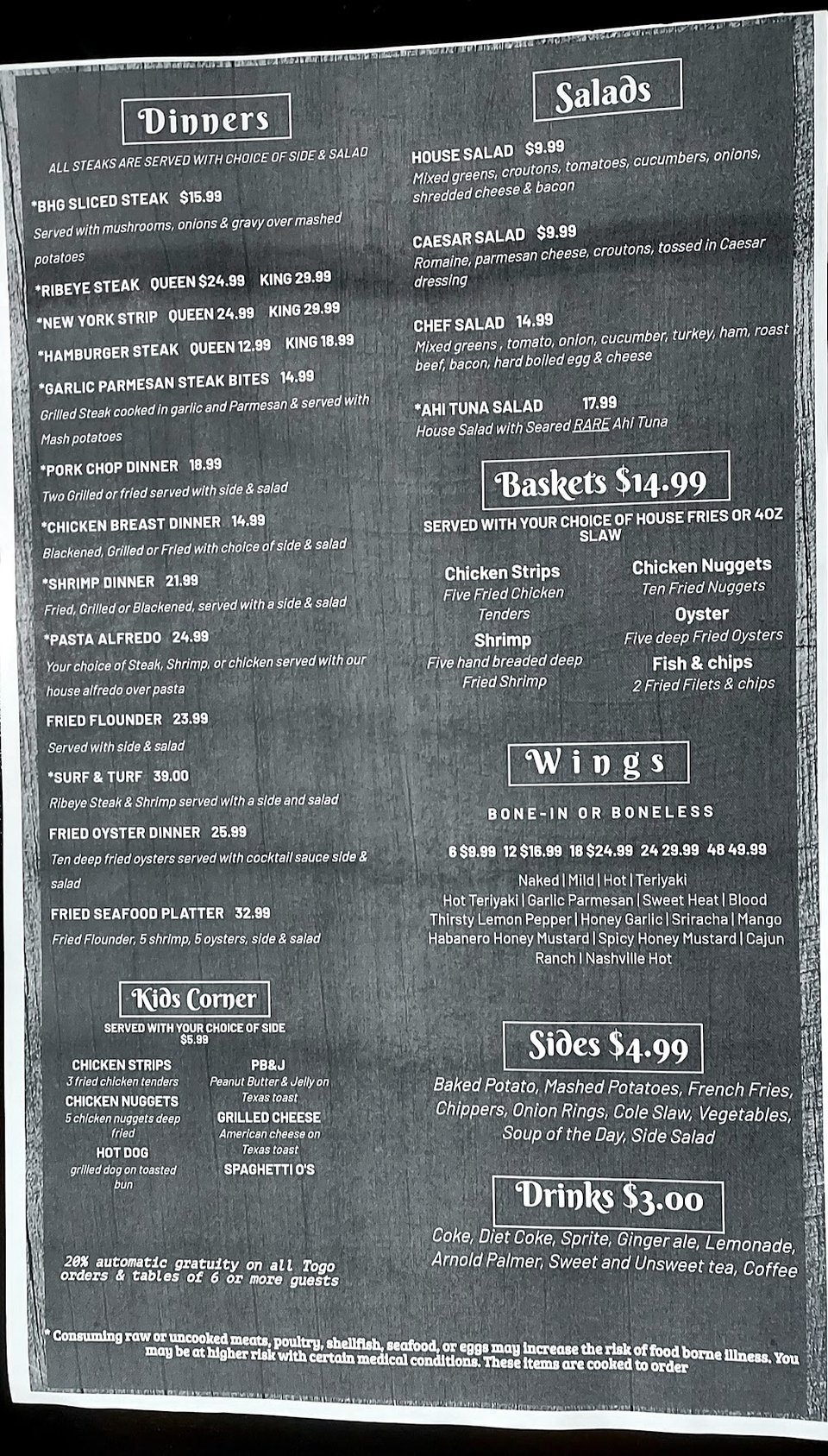 Menu items pictured beside drinks and sides.