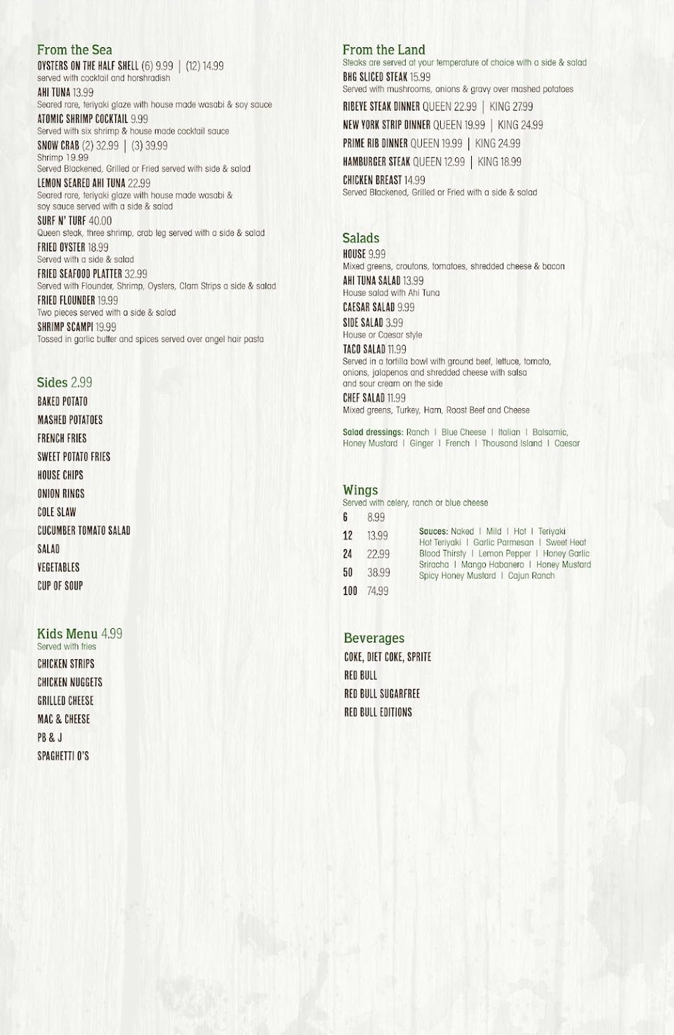 Prepared dishes from a bar and grill kitchen.