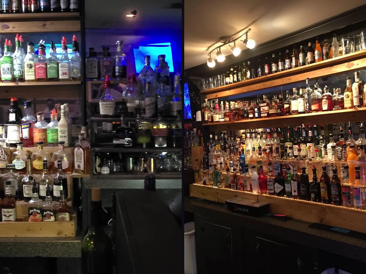 Lively restaurant interior with a warm, wood-toned bar.