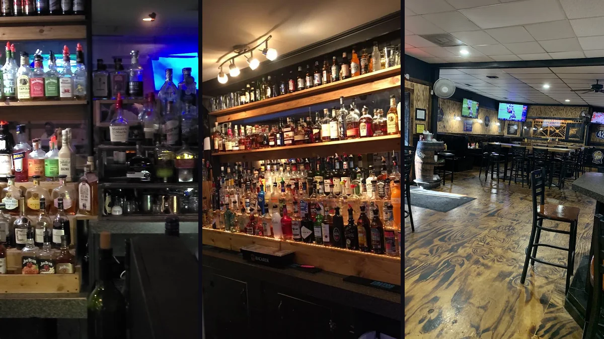 Rustic bar with wood accents and casual seating.